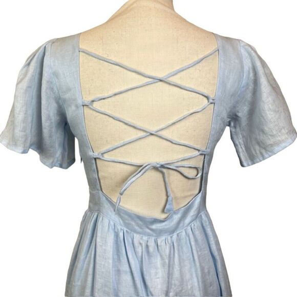 NWT LUSANA Linen Coco Lace Back Tiered Midi Sky Blue Lined Size 4 - Picture 5 of 13